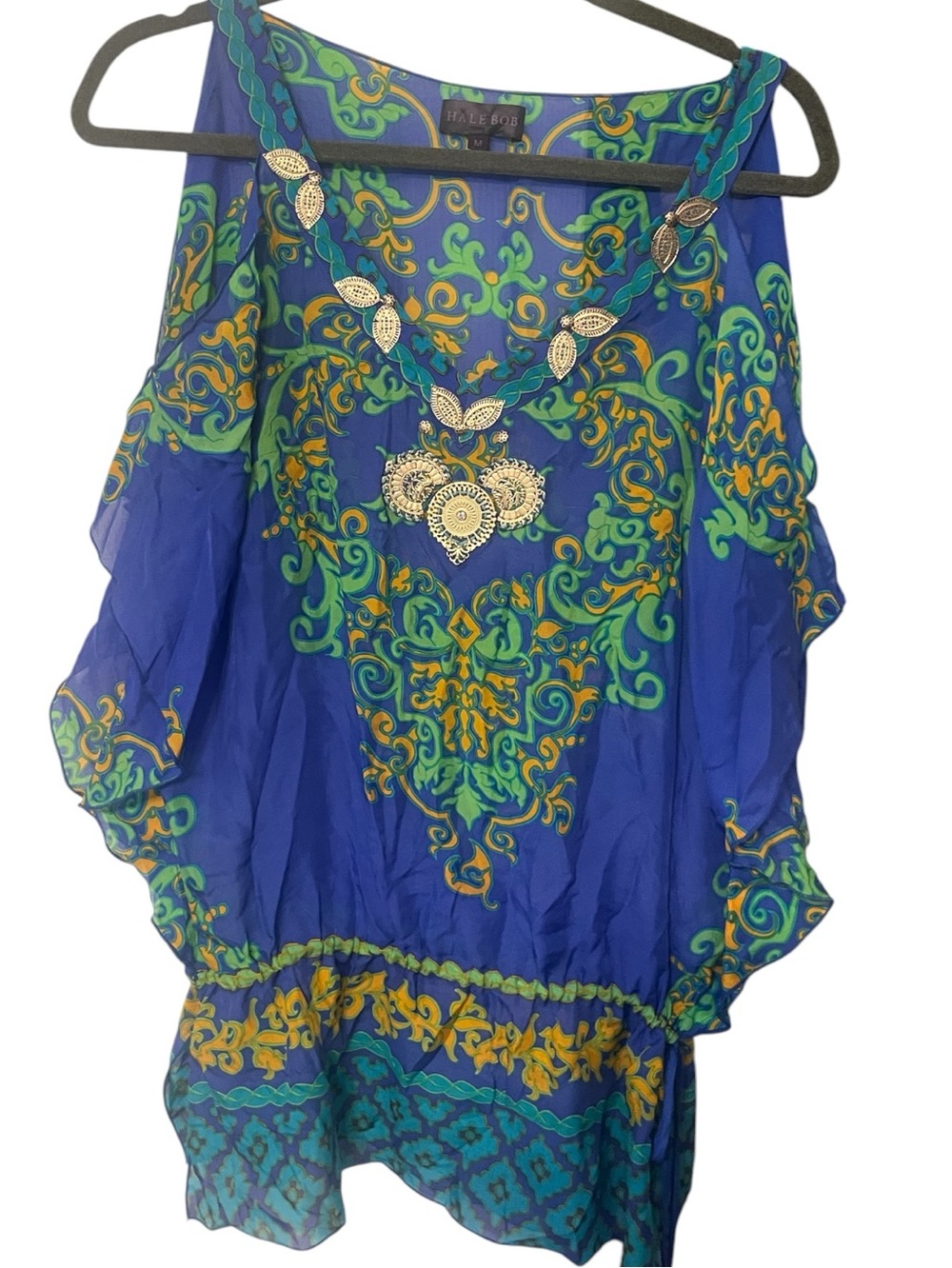 Hale Bob Womens Cold
Shoulder Blouse Silk Boho
Festival Green Blue
